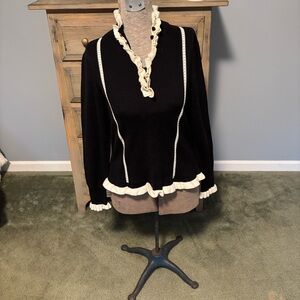 CABI Adorn #4103  Black and Cream ruffle ribbed cotton pullover sweater